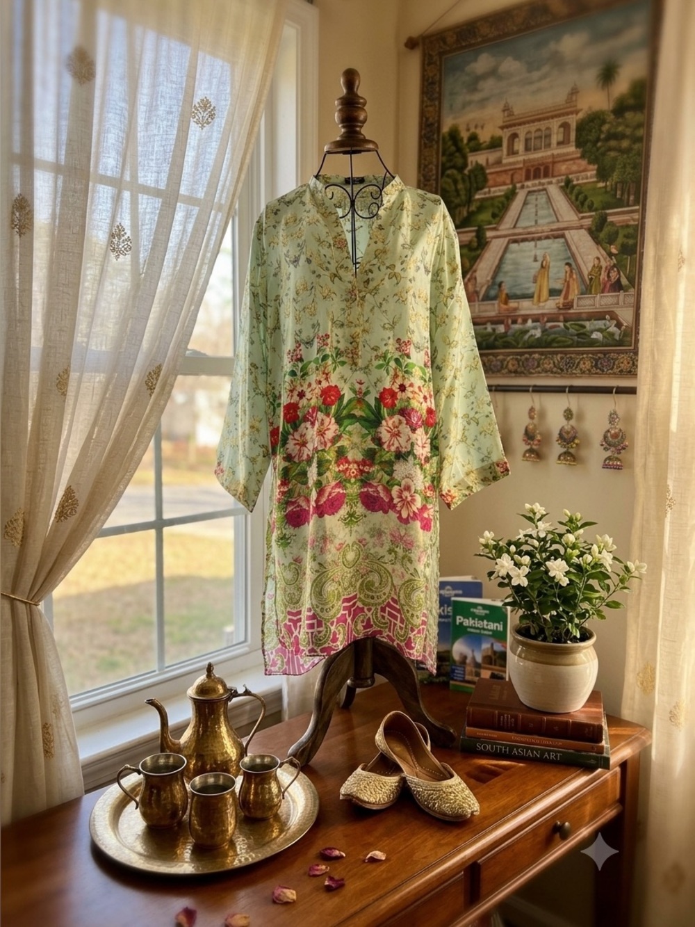 Agha Noor Silk Light Green Pakistani-an Floral Blouse